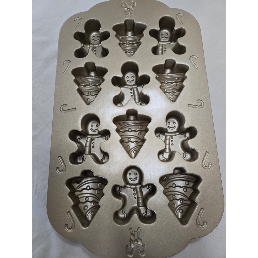 Nordic Ware Holiday Gingerbread Man and Christmas Tree Cakelet Pan Gold 12 Cup - Picture 3 of 3